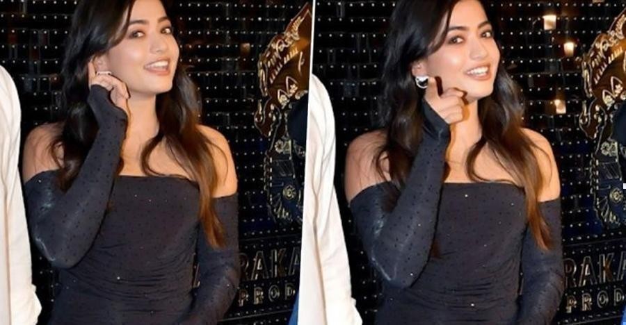 Rashmika Mandanna stuns in 2024 with a glittering bodycon dress.