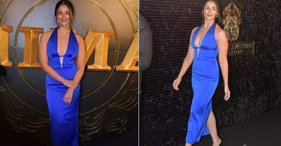 Alia Bhatt dazzles in blue midi dress at "Animal" success bash.