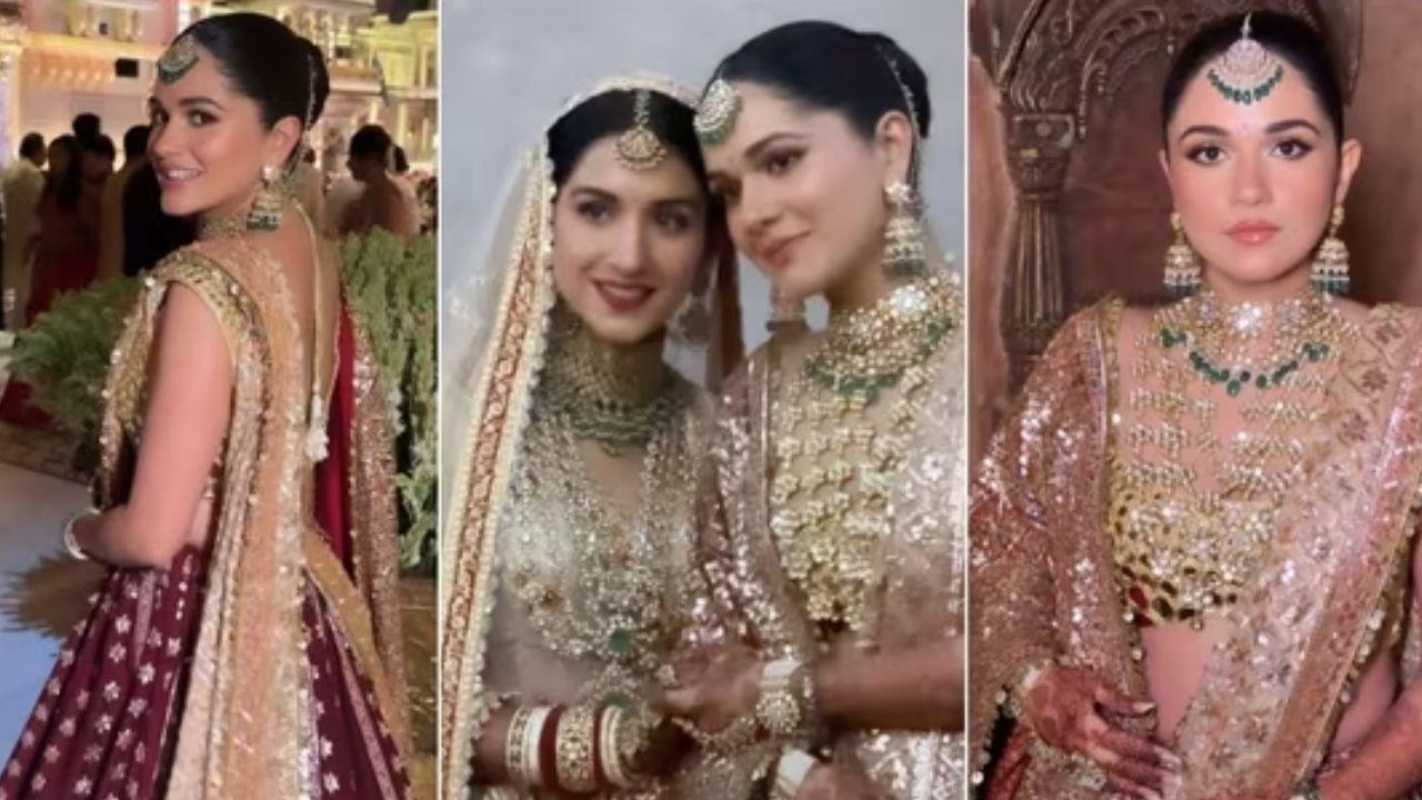 Anjali Merchant dazzles in a stunning lehenga and diamond jewels at sister Radhika's wedding.