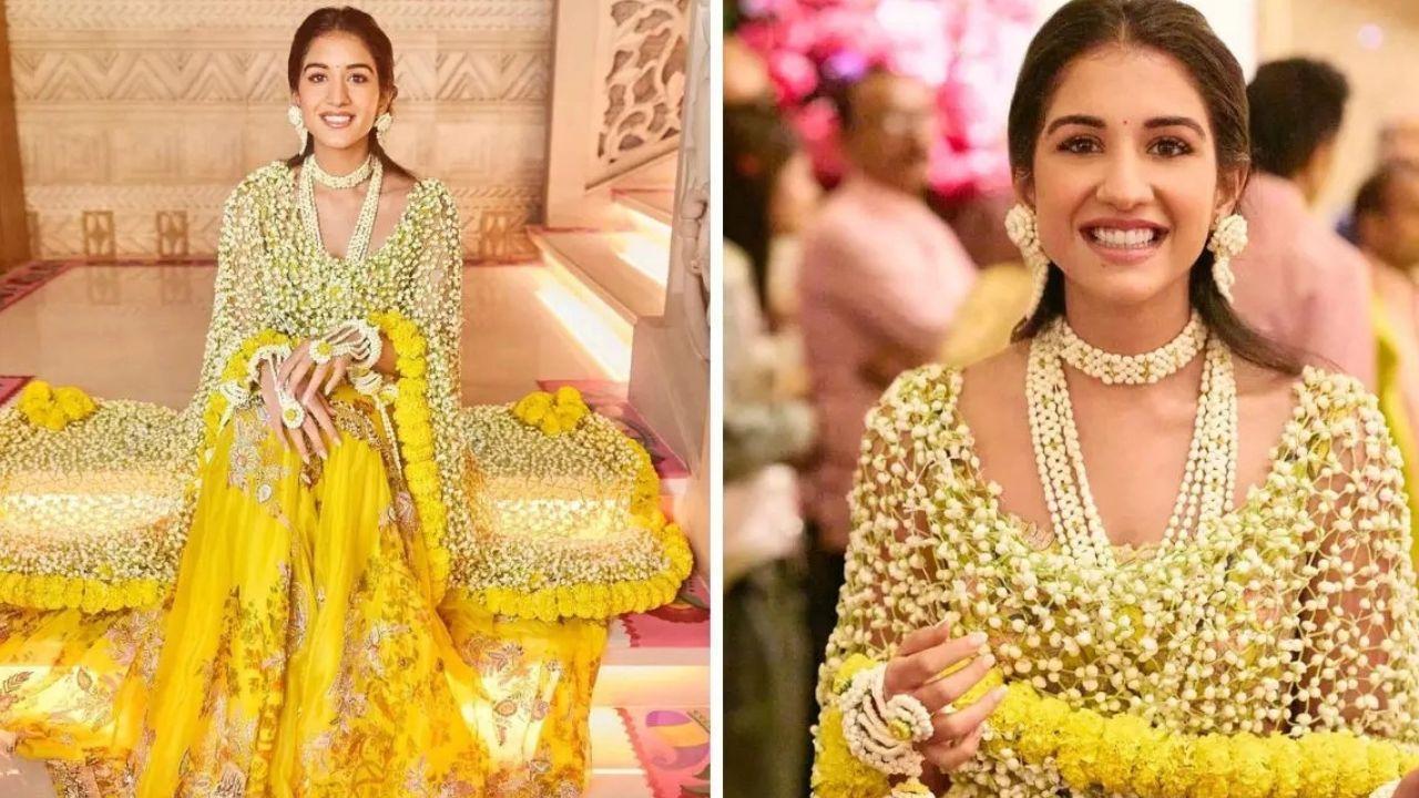 Radhika Merchant's Haldi look: Anamika Khanna outfit, real flower dupatta, floral jewelry.