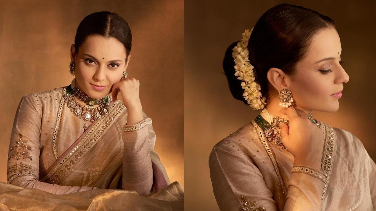 Kangana Ranaut Dazzles in ₹58k Tissue Saree and Opulent Jewels for Emergency Promotions
