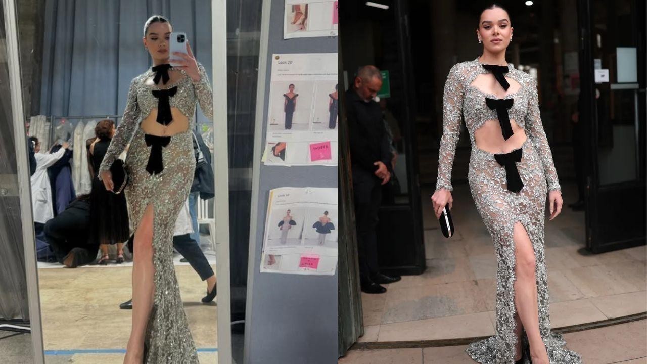 Hailee Steinfeld Wows in Silver Lace Naked Dress in Paris