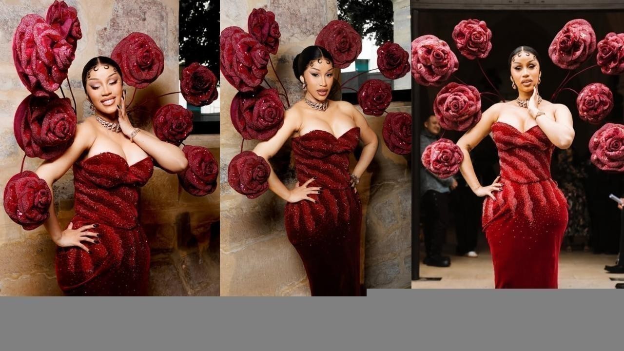 Cardi B stuns in Rahul Mishra’s rose dress at Paris Fashion